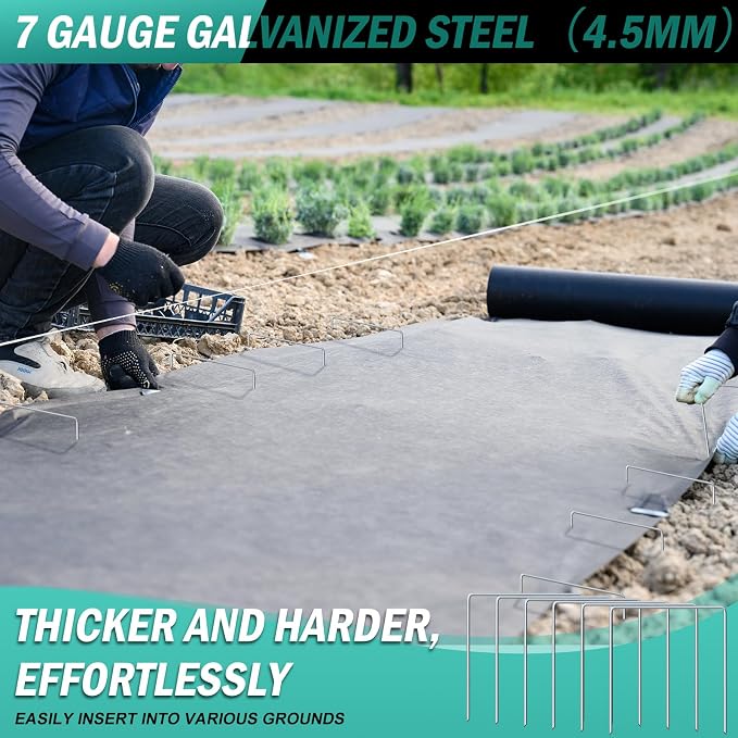 Wonderjune 50 Pack Heavy Duty Wide Landscape Staples, 7 Gauge Galvanized Steel Turf Stakes Garden Stakes Bulk, U Type Anchor for Grass, Securing Weed Barrier Fabric, Pipes, Sod (9"x7")