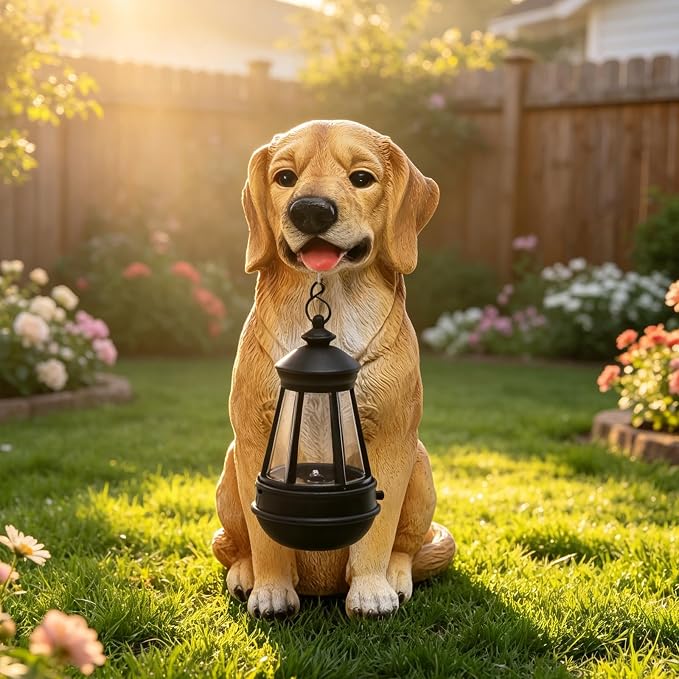 Garden Dog Statues Outdoor Decor, Golden Retriever Yard Outdoor Statue with Solar Lantern Lights Decorations Solar Dog Ornaments for Patio, Lawn, Yard Art Decoration, Housewarming Garden Gift for Mom