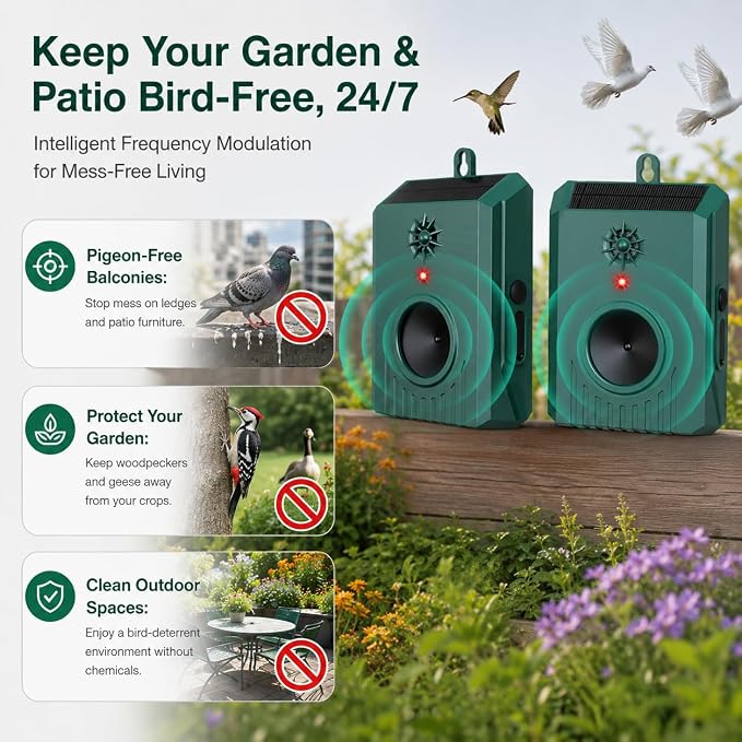 2Pack Solar Ultrasonic Bird Repellent Outdoor, Woodpecker Deterrent&Weatherproof Pigeon Bird Deterrents for Outside,Birds Repeller Scare Devices,Keep Birds Away Balcony,Yard,Farm,Orchard