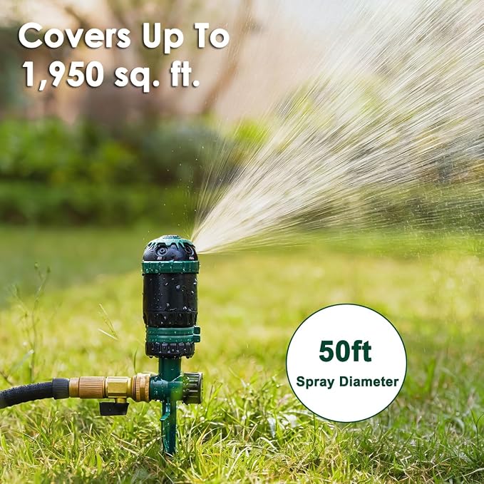 FANHAO Heavy Duty Gear Drive Sprinkler with Metal Spike Base, 5-Pattern Adjustable Sprinkler Irrigation System, 360 Degree Rotating Water Sprinkler for Large Area Yard, Garden Plant