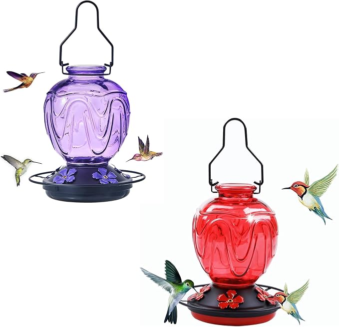 Glass Hummingbird Feeders for Outdoor Hanging, 24 OZ Red and 24 OZ Purple