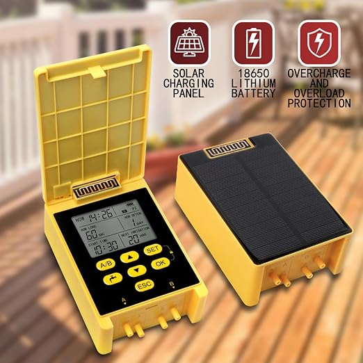 Solar Powered Dual Pump Drip Irrigation Kit,Child Lock 2 Group Automatic Watering System with Rain Sensing Digital Display Screen for Garden Patio Balcony Vacation (for 30 Pot Plants)