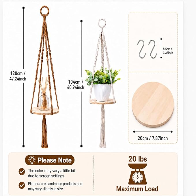 Artilady 2 Pack Macrame Hanging Planter with Wood Shelf, Boho Plant Hanger for Indoor Plants Basket Holder for Window Balcony Kitchen