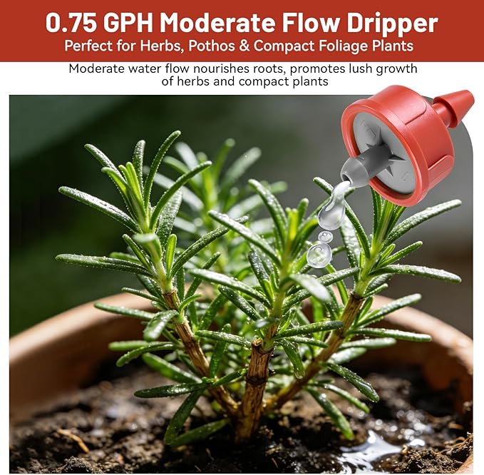 50 PCS 0.75 GPH Pressure Compensating Drip Irrigation Spot Watering Dripper, Balanced Flow Drip Irrigation Emitters Heads Irrigation Drippers Parts for Indoor Outdoor Compact Plant Gardens