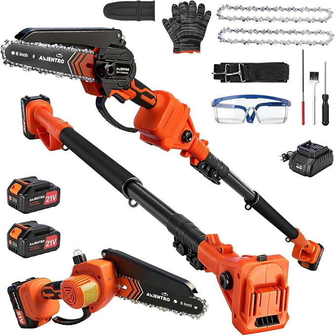 Electric Pole Saws for Tree Trimming, 2-in-1 Mini Chainsaw & Pole Saw, 6-in Electric Chainsaw Cordless with Extendsion Pole, 2x4000mAh Li Batteries & Charger, 16FT Max Reach