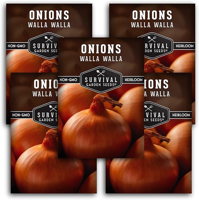 Walla Walla Sweet Onion Seeds for Planting – Long Day Yellow Sweet Onions with Mild Flavor, Large Bulbs & High Yields – Heirloom, Non-GMO, Open-Pollinated – Survival Garden Seeds (5 Packs)