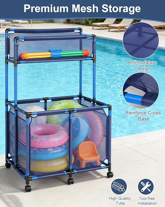 Pool Storage Bin Cart with Noodle Holder, Rolling Pool Storage Organizer Top Shelf Nylon Mesh Basket for Goggles, Floats, Balls and Floats Equipment