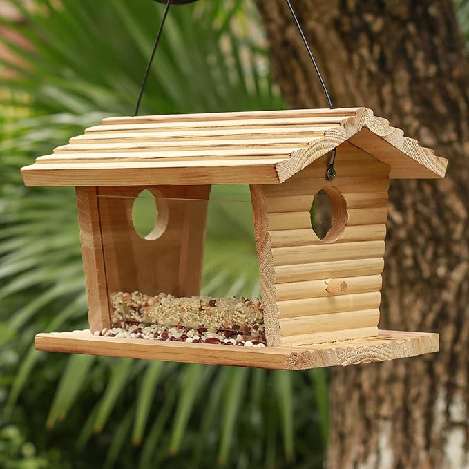 STARSWR Bluebird Feeder Outside,Mealworm Bird Feeder for Outdoors Squirrel Proof Hanging Birdhouse Feeder Wooden Bird House Feeder for Cardinal，Finch