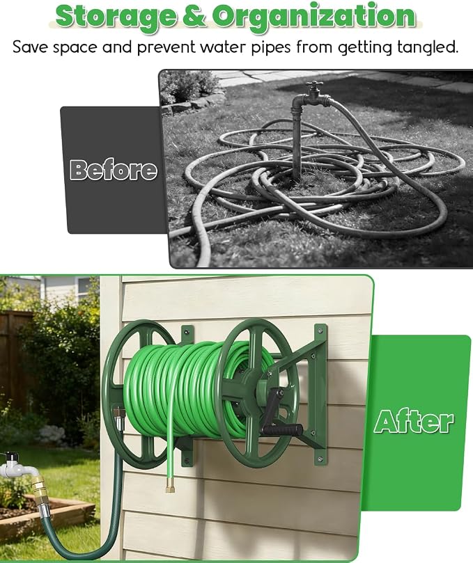 Garden Hose Reel Wall Mounted, Heavy-Duty Water Hose Holder Winder with 3.9 ft Leader Hose & Brass Fitting, Hose Hanger Storage Rack Holds 125-Feet of, 5/8-Inch, for Yard Lawn Farm, Green