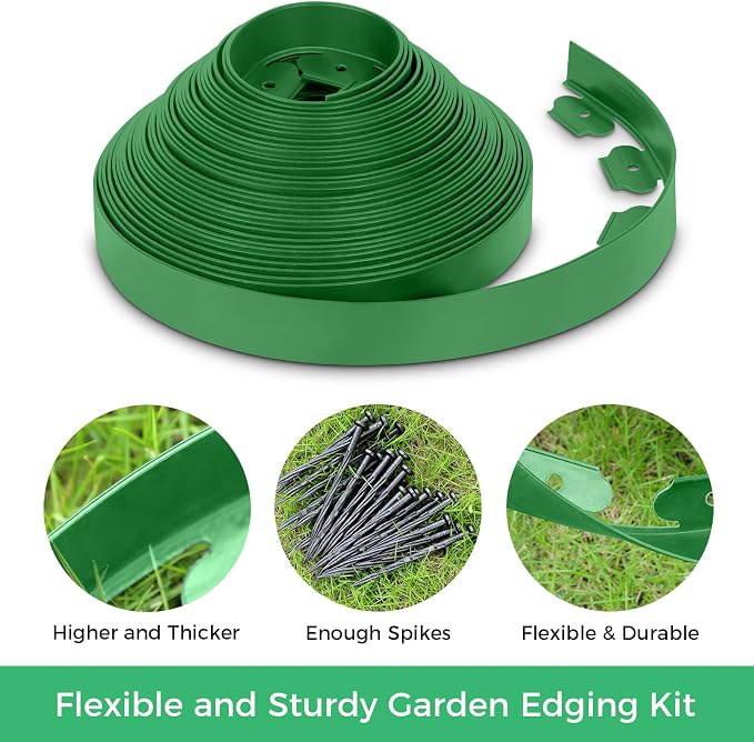 2-Inch x 50 FT Landscape Edging Border with 75 Stakes, Garden Edging Border Lawn Edging Border, Plastic Edging Border Flexible for Garden Flower Beds Lawn Yard Paver Pathway (Green)
