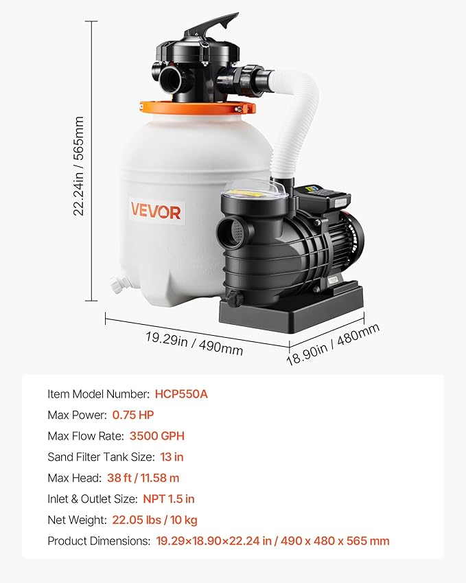VEVOR 13 in Sand Filter Pump for Above Ground Pool, 0.75 HP 3500 GPH, Swimming Pool Sand Filter Pump with Pre-Assembled Core & Leak-Resistant Design, 6-Way Valve, High-Efficiency Filtration for Pools