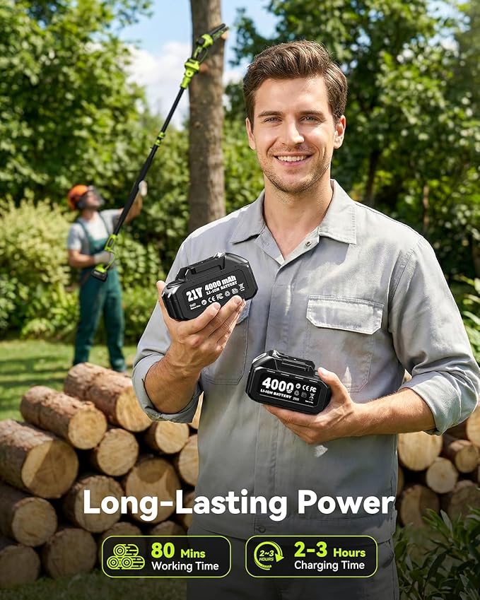 Electric Pole Saw, 6-Inch Cordless Mini Chainsaw with Extension Pole, Extendable to 16 ft, 2x4.0Ah Batteries, Tool-Free Chain Tensiong, Electric Pole Chainsaw for Tree Trimming & Thick Branch Cutting