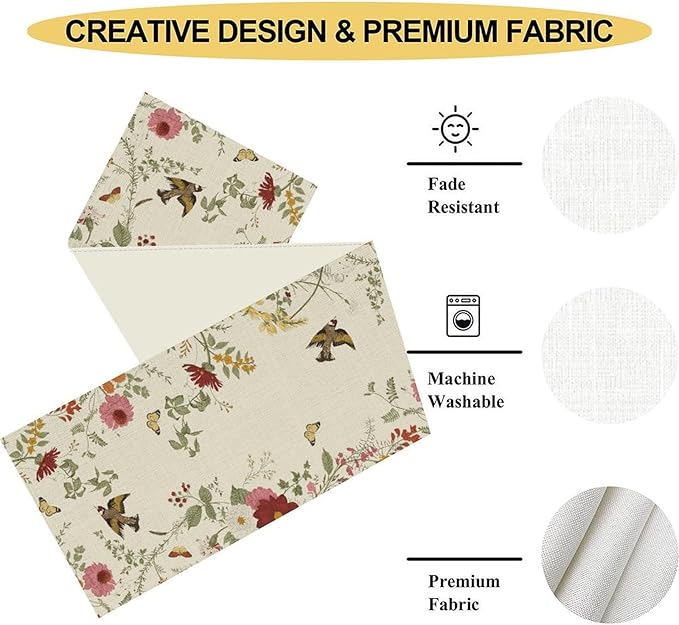 Floral Birds Table Runner, Rustic Seasonal Watercolor Spring Flower Plants Wildfloral Boho Coffee Table Center Decor for Family Kitchen and Dining Farmhouse Party Table Decorations, 13"x72"