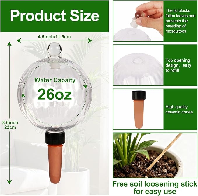 26oz Extra Large Self Watering Globes, Plant Watering Globes, Water Globes, Plant Water Bulbs, Watering Bulbs for Indoor Outdoor Potted Plants, Water Plants While Away 2-Pack