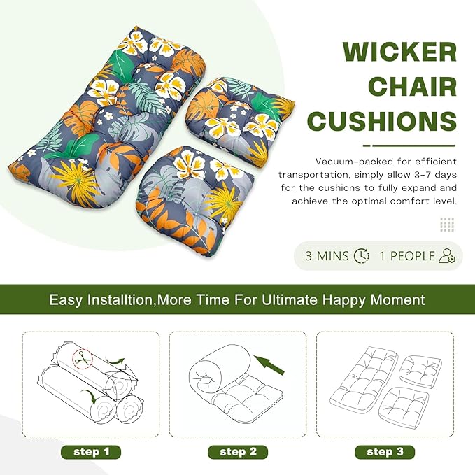 Wicker Chair Cushions Set, 2 U-Shaped Cushions & 1 Loveseat, Waterproof Outdoor Loveseat Cushion for Patio Furniture, Settee Bench Pad All Weather,Flower