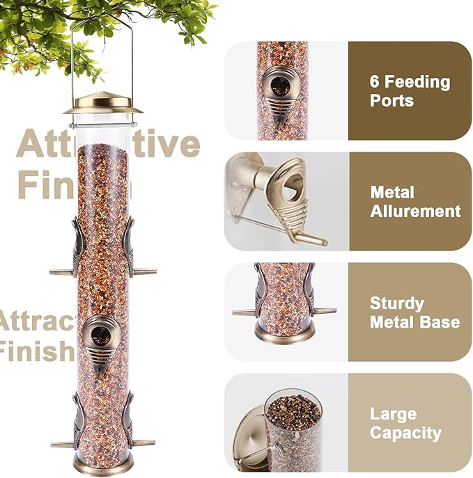 MIXXIDEA 2PK Metal Bird Feeders with 6 Feeding Ports,Tube Bird Feeder with Steel Hanger,Hard Plastic Wild Bird Feeder for Outdoors Hanging, Attracting Birds in Your Lawn, Garden, Balcony (Bronze)