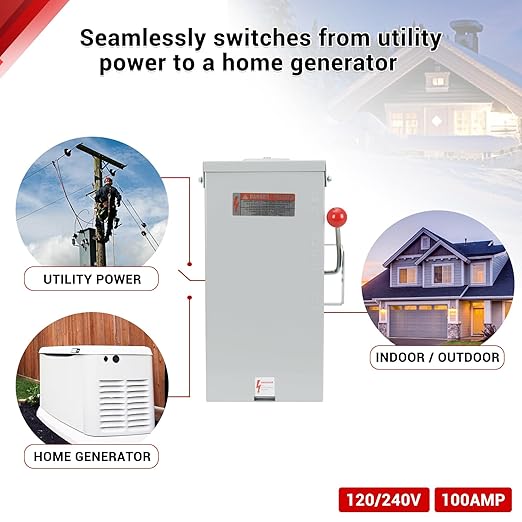 100A Manual Transfer Switch for Generator, 24000W General-Duty Double-Throw Safety Switch, 120/240-Volt Transfer Switches, NEMA 3R Standards for Outdoor & Indoor, 100 AMP 2P