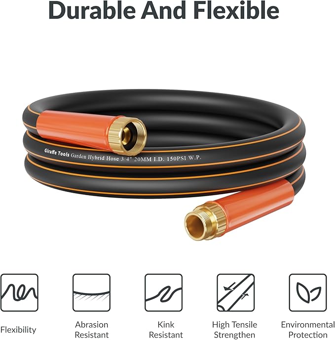 Giraffe Tools Garden Hose 50ft x 3/4",Heavy Duty Rubber Hose,No Kink,Flexible,Hybrid Hose with Male/Female for Cleaning & Washing，1464PSI，Black