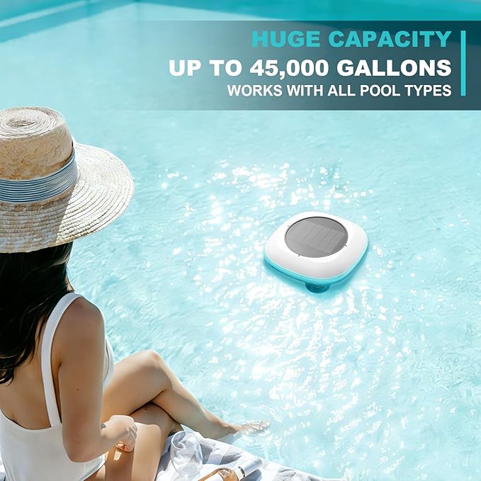 Solar Pool Ionizer for Inground and Above Ground Pools, Up to 45,000 Gal - Heavy Duty 1lb Copper Anode, Reduces Chlorine & Maintenance, Saltwater Compatible Water Clarifier, Lake Blue
