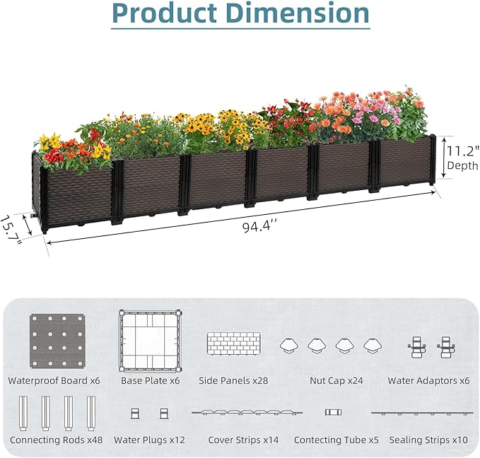 Large Raised Planter Box Outdoor Self Watering 94.4"x15.7"x14.2", Deep Raised Garden Bed - Elevated Garden Box with Drainage Plug, Rectangular Garden Planter Perfect for Patio Balcony Deck