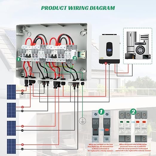 4 in 2 Out Solar Combiner Box,PV Combiner Box with 20A PV Fuse,DC 40A Circuit Breaker and Surge Protector,IP65 Solar Disconnect Switch Box for Indoor Outdoor Solar Panel System (4 in 2 Out 20A 1000V)