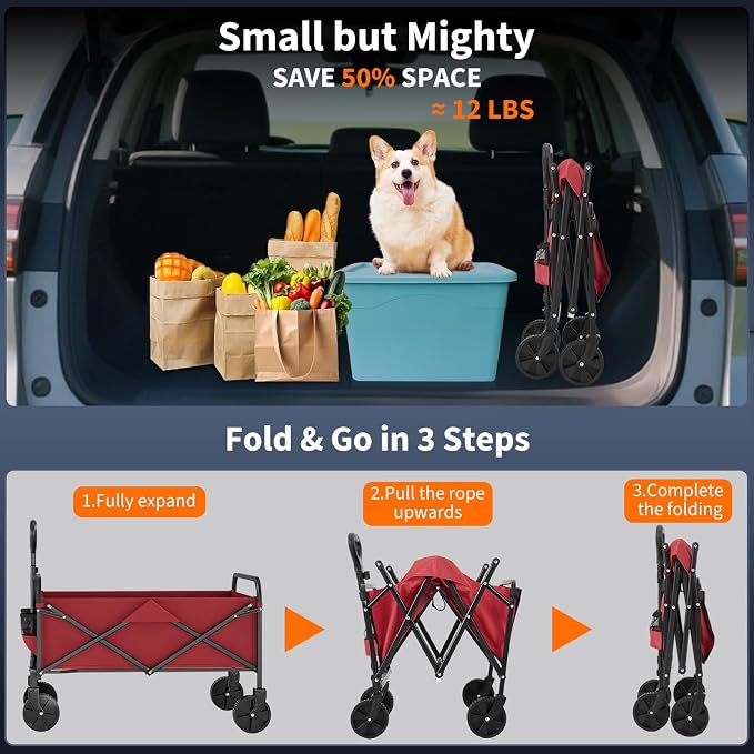 Garvee Wagons Carts Foldable, Garvee Utility Collapsible Wagon with All-Terrain Wheels, Drink Holders & Adjustable Handle, 220 LBS Portable Grocery Wagon for Shopping, Camping, Garden -Red