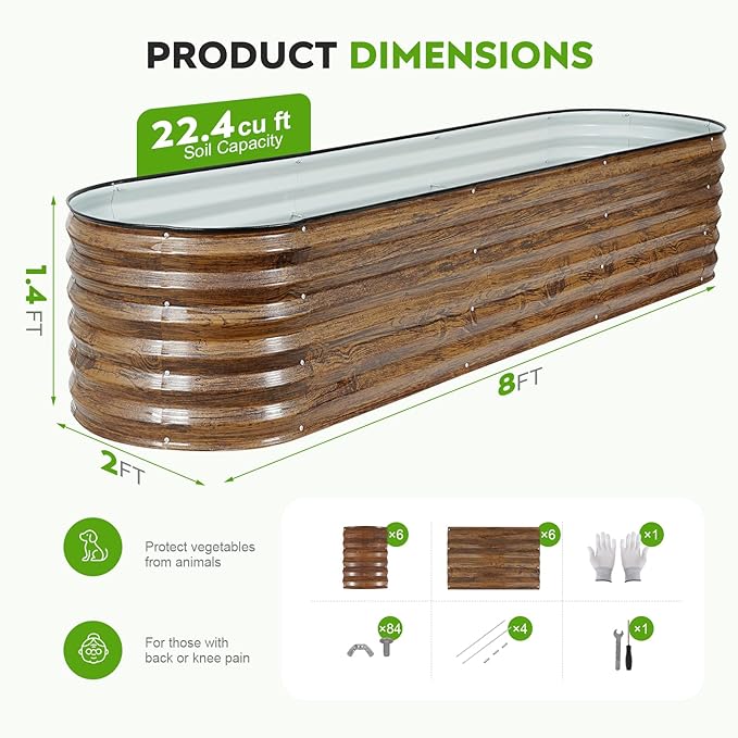 ZORMY Galvanized Raised Garden Bed Outdoor- 2PCS 8x2x1.4ft Oval Steel Raised Beds for Gardening, Metal Planter Box with Protective Strip and Gloves for Vegetables, Flowers, Fruits (Brown)