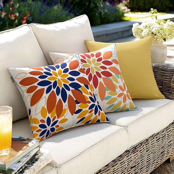Floral Outdoor Pillow Covers Waterproof Spring Throw Pillow Cases Orange 18x18 Inch Set of 2 Decorative Summer Cushion Covers for Patio Furniture Garden Bench Porch Sofa