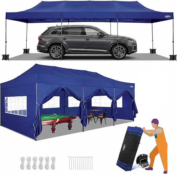 COBIZI 10x30 Pop up Carport 10x30 Canopy Tent with Sidewalls, Heavy Duty Party Tent Tents for Parties, Foldable UPF 50+ Waterproof Commercial Easy up Canopy with Roller Bag, Navy Blue