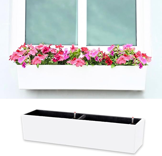 LaLaGreen Planter Boxes Outdoor (40 Inch, 1 Pack) Rectangular Self Watering System Window Flower Boxes with Bracket, Large White Planters Vertical Plant Container Hanging Wall Mount Indoor Succulents
