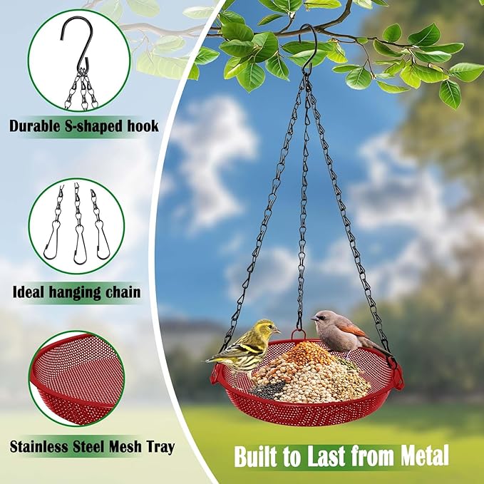 Hanging Bird Feeder for Outdoors – 9 in Metal Mesh Bird Feeder Tray Platform for Small Wild Birds, Red