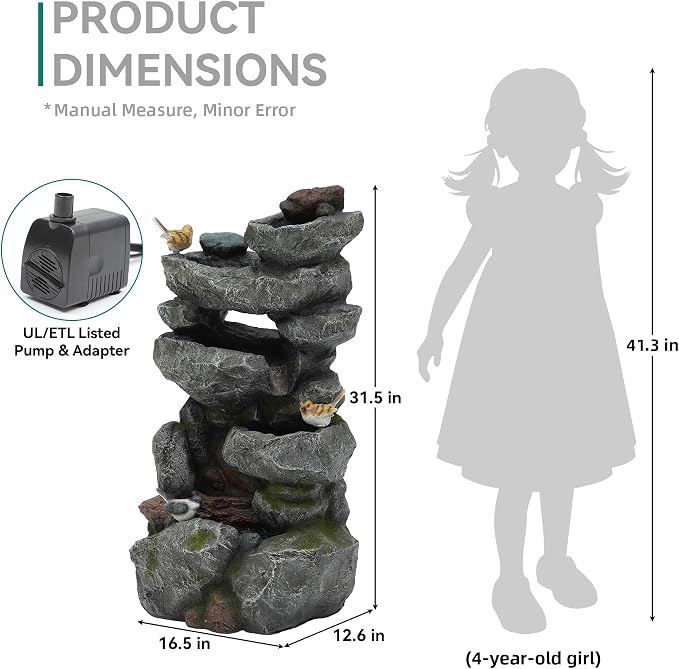 AUTODAYA 31.5" H Multi-Tier Rock Outdoor Water Fountain with LED Lights and Pump, Garden Fountain Waterfall for Patio, Porch, or Yard