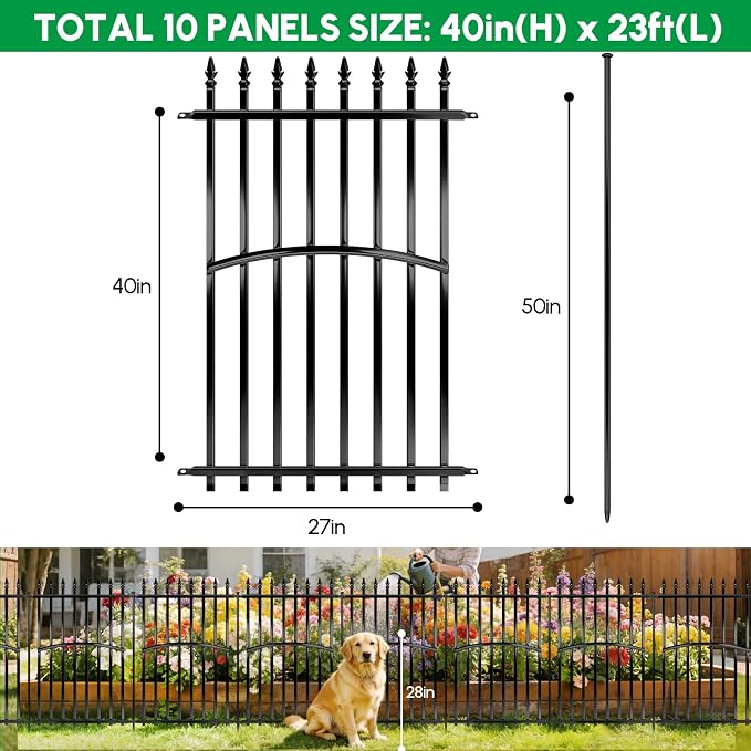 Metal Garden Fence 40in H x 27in W (10 Panels, Total Length 23ft), No Dig Animal Barrier Fence for Dogs, Heavy Duty Tube Decorative Garden Edging Border, Outdoor Rustproof Landscape Fencing for Yard