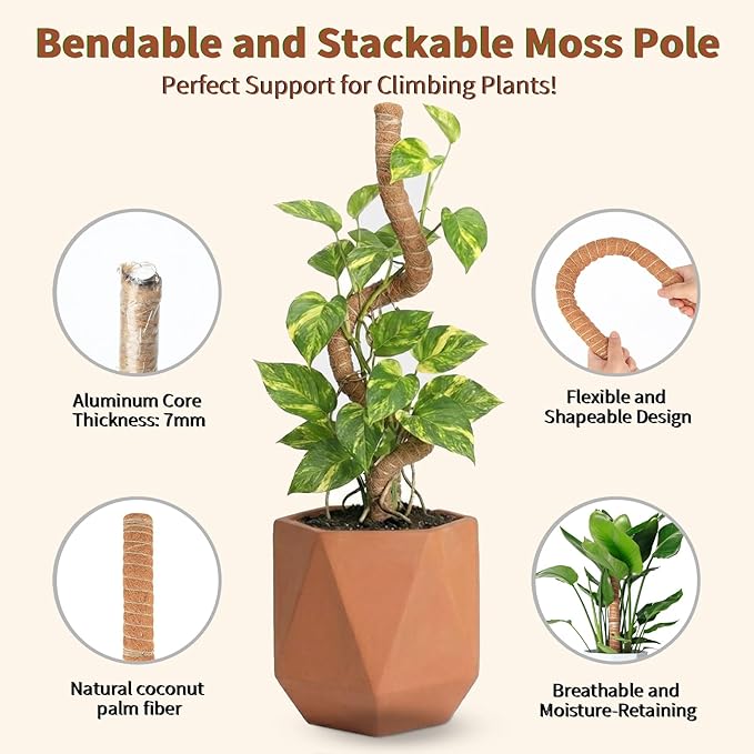 28'' Bendable Moss Poles & 12'' Stackable Coir Plant Sticks for Monstera | 4 Pack Plant Stakes for Indoor Plant, Moss Pole for Climbing Plant Coconut Fiber Holds Moisture, Ideal for Aerial Root Growth