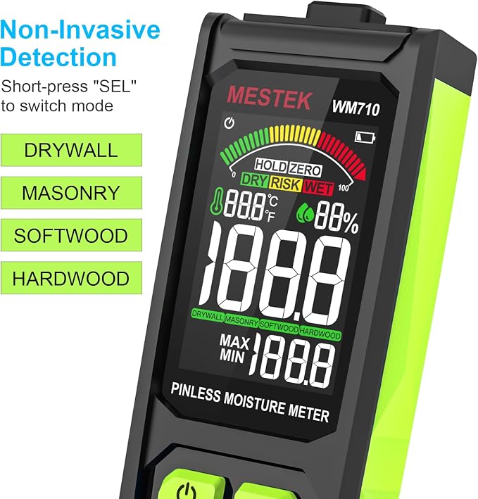 Pinless Moisture Meter, MESTEK Wood Moisture Meter Digital Moisture Detector for Lumber Drywall Firewood Masonry Woodworking Plaster Floor Concrete Building with LCD Display Sound Alarm