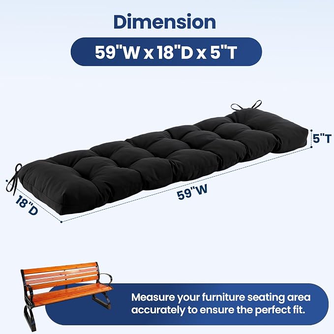 IASEAHK Outdoor Bench Cushion 59x18x5 Inch, Waterproof & Fade-Resistant Patio Furniture Cushions, Tufted Memory Foam Indoor/Outdoor Cushions for Couch Swing with Non-Slip Backing & Straps, Black