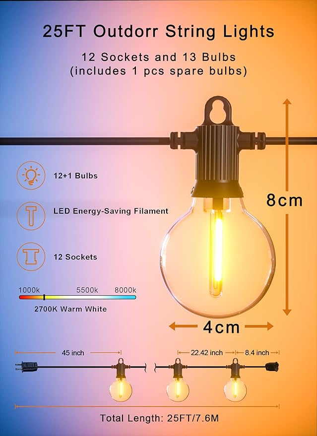 Zuske Outdoor String Lights, 25FT Patio Lights with 13 Shatterproof G40 Globe Bulb(1 Spare), Waterproof Connectable Dimmable LED Hanging String Lights for Outside Backyard Porch Balcony, 2700K
