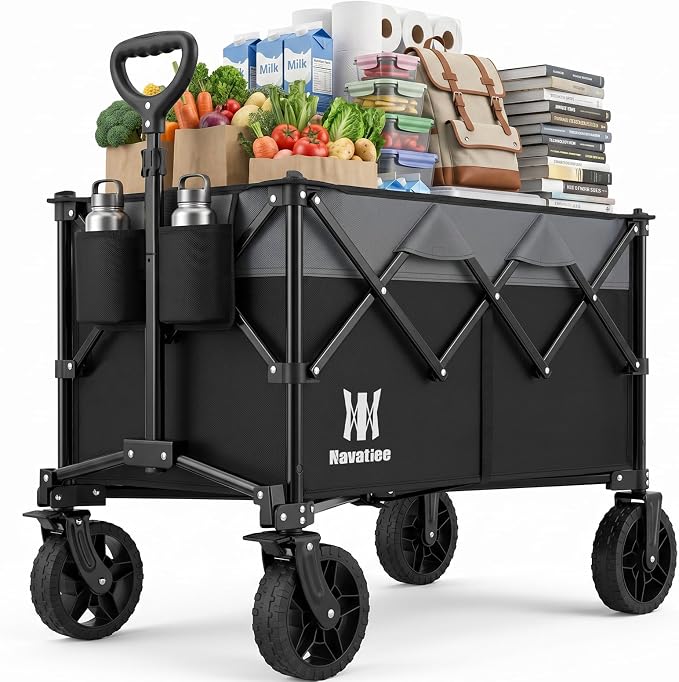 Navatiee 165L Collapsible Folding Wagon, Large Foldable Wagon with Silent All-Terrain Wheels, 330Lbs Heavy Duty Utility Grocery Cart for Camping Shopping Outdoor, Black