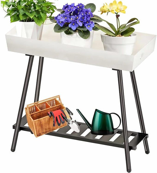 2-Tier Aluminum Plant Stand Indoor Outdoor with Built-in Handles, Anti-Fall Top Storage Box, Heavy Duty Multi-Use Plant Rack & Display Shelf for Patio Garden Lawn Balcony Living Room