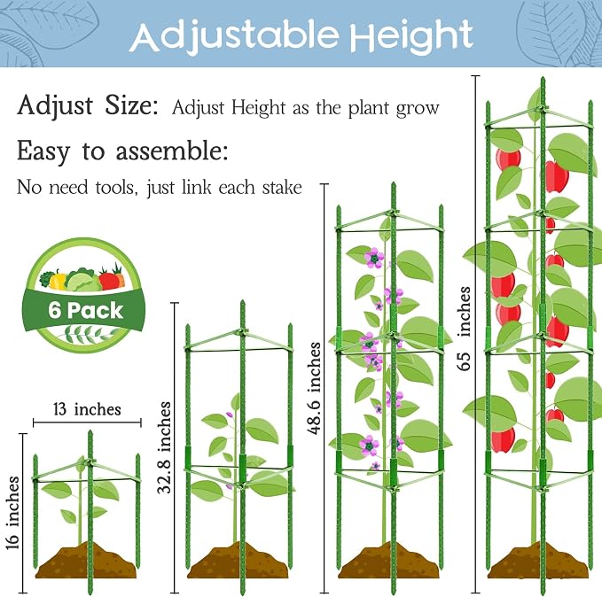 Legigo 6-Pack Tomato Cage for Garden Plant Support- Up to 63inch Garden Stakes Tomato Cage, Tomato Trellis for Potted Plants, Tomato Cages Plant Stakes for Climbing Vegetables Plants Flowers