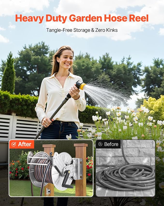 VEVOR Wall Mounted Garden Hose Reel, Holds 150 ft 5/8-inch Water Hose Winder, Heavy-Duty Stainless Steel, Outdoor Manual Reel with Brass Fitting & Hose Guide, Space Saving, for Yard Lawn Garage