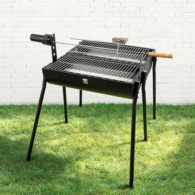 Portable Charcoal Grill with Thermometer - Barrel Charcoal Grills with Central Rotisserie Rack Double-sided Smoker Grill Outdoor BBQ Grill, Perfect for Backyard Camping, Patio Parties and Picnics