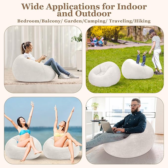 Realspring Inflatable Bean Bag Chairs Outdoor Blow up Camping Chairs Inflatable Lazy Sofa Folding Portable Bean Bag Loungers Couch for Movie Night(Beige,12 Pcs)