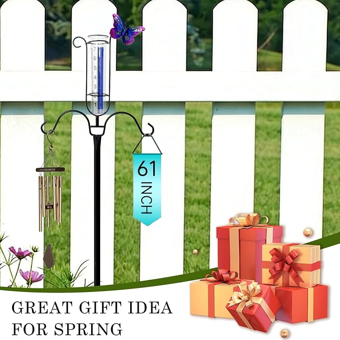 61" Shepherds Hook with Rain Gauge Outdoor, 3/4 Inch Thick Bird Feeder Pole with 5-Prong Base, Metal Rain Gauge Stake with Blue Stripe & Large Numbers, Tall Shepherds Hooks for Yard Garden Decor