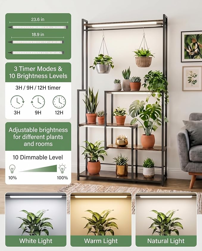 Large Plant Stand with Grow Lights 72", 5 Tier Plant Shelf with 3 Full Spectrum LED Strips & Timer, Heavy Duty Metal Plant Rack for Multiple Pot, Display Shelf for Living Room, Bedroom, Home Decor