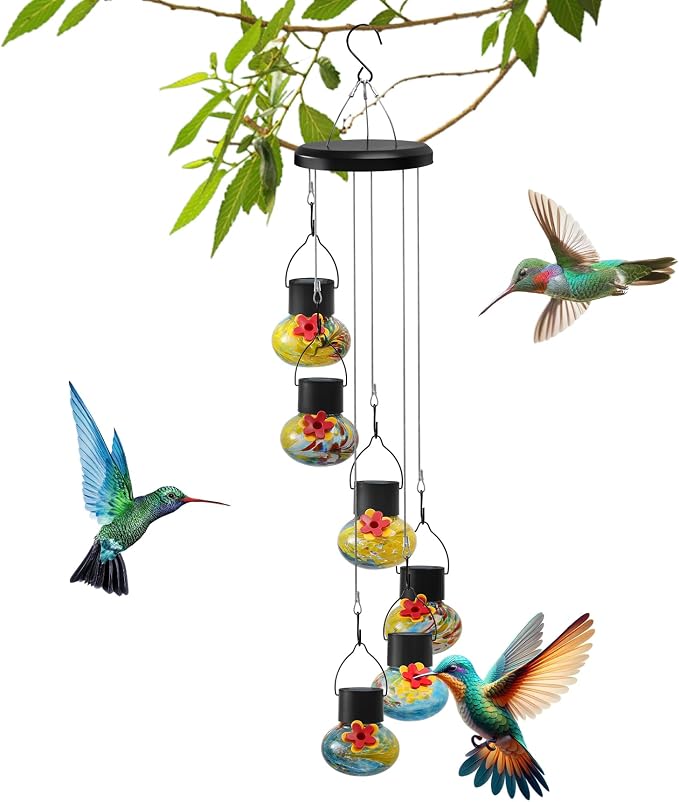 Solar-Powered Hummingbird Feeder with Wind Chime Elegance – 6 Leak-Proof Glass Ports, Frosted Design & Blue Yellow Night Lights – Perfect Outdoor Gift for Nature Enthusiasts