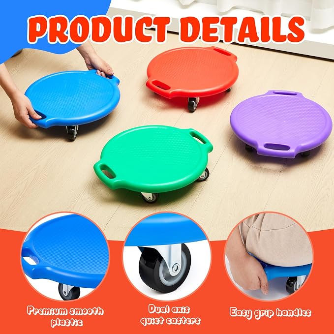 Soulchen Manual Sports Scooter Board with Handles, Sitting Scooter Board with Universal Wheels for Home Gym Indoor Outdoor Activities Play Equipment