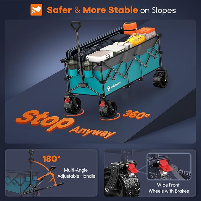 48" L Collapsible Wagon Cart Foldable, 560lbs Weight Capacity 300L Heavy Duty Folding Beach Wagons with Big All-Terrain Wheels, Utility Carts for Groceries, Shopping, Camping, Sports - Grey&Turquoise