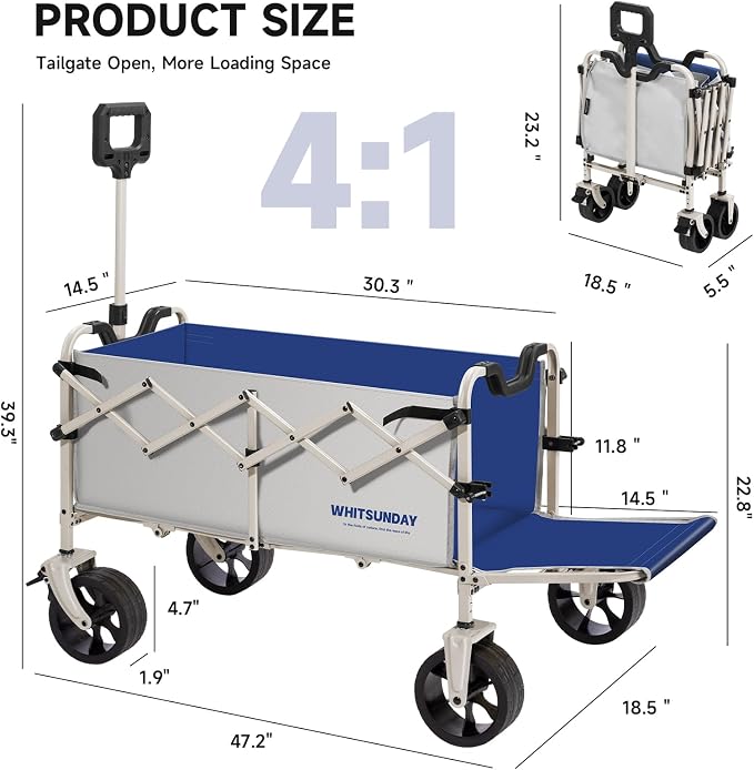 Collapsible Folding Wagon Cart, Heavy Duty Utility Wagons with Tailgate & Wheels,Portable Utility Cart for Camping,Garden,Beach,Sports Grey