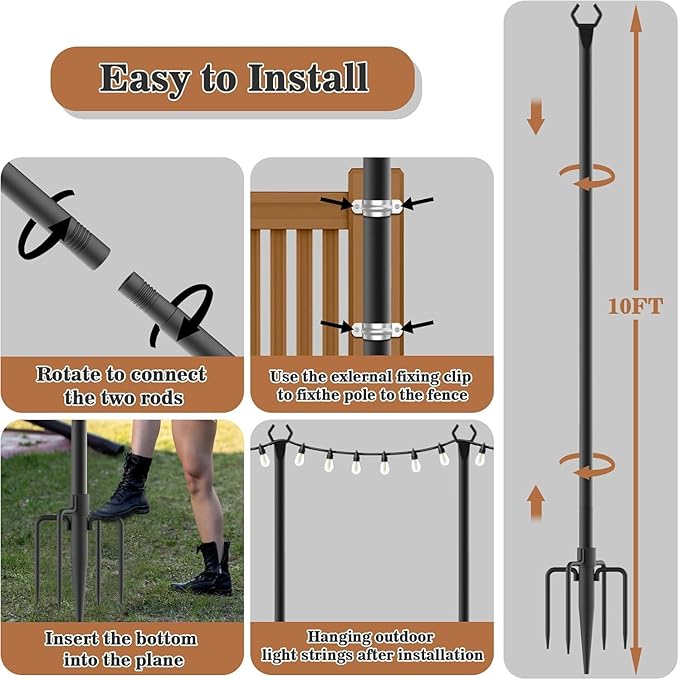 4 Pack String Light Pole,Metal Poles for Hanging Outdoor Light Strings,4 Pack 10 FT Light Poles Stand for Outside Garden,Patio,Wedding,Backyard,Deck,Party